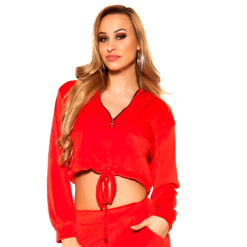 Fashion Style 41998 FS Βελουτέ crop τοπ κουκούλα - Κόκκινο-Κοκκινο
