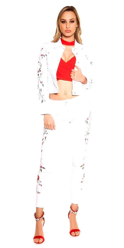 Fashion Style 41809 FS Κοντό τζήν σακάκι με κέντημα και πούλιες - Άσπρο-Ασπρο