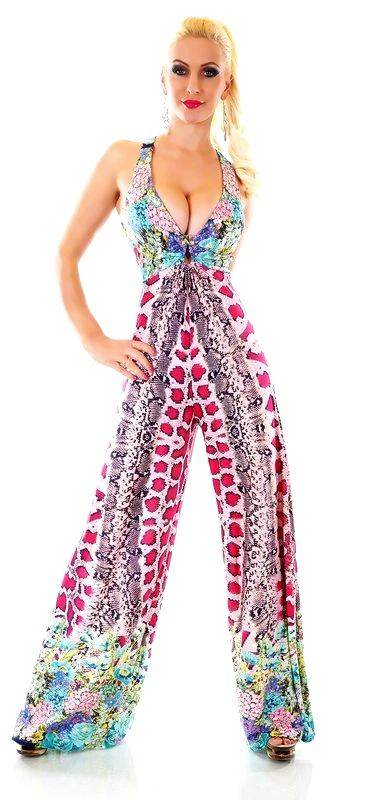 SD Fashion Ολόσωμη εμπριμέ φόρμα με βαθύ ντεκολτέ - Ροζ 31039-Ροζ