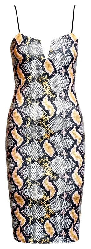 CATWALK Μίντι φόρεμα print φίδι με V - Κίτρινο/Φίδι 52598-Κίτρινο