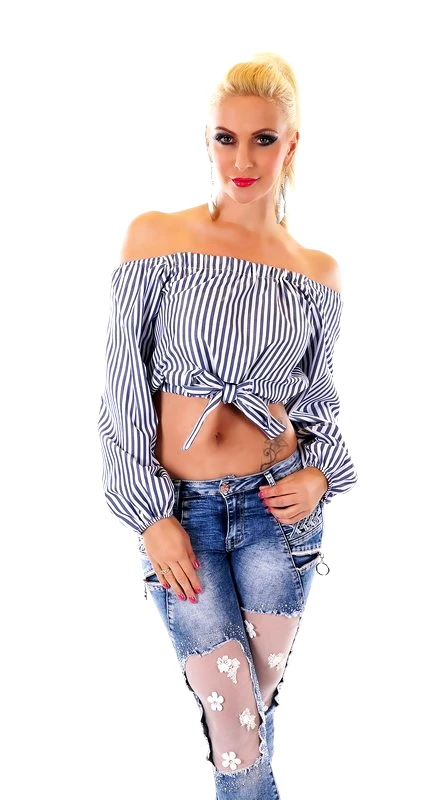SD Fashion 31042 SD Κοντό ριγέ μακρυμάνικο τοπ - Μπλε-Μπλε
