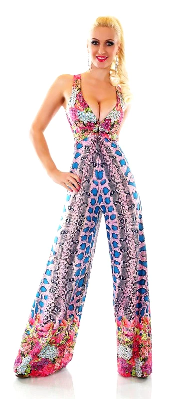 SD Fashion Ολόσωμη εμπριμέ φόρμα με βαθύ ντεκολτέ - Ροζ/Μπλε 31041-Μπλε