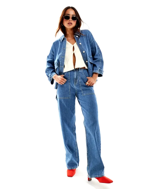 ONLY ONLY Kirsi high waisted wide leg cargo jeans co-ord in blue and white stripe