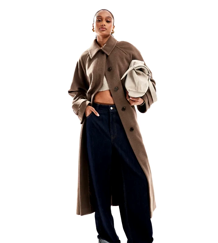 ASOS Tall ASOS DESIGN Tall brushed formal top collar longline coat in mushroom-Brown