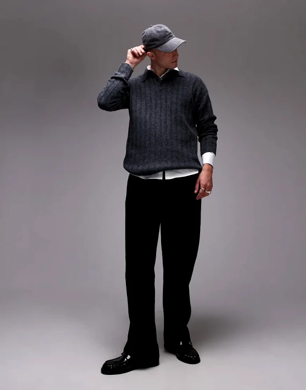 Topman Topman relaxed fit rib polo jumper in charcoal-Grey