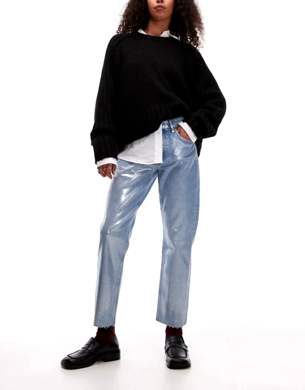 Topshop Topshop cropped silver foil mid rise straight jeans in bleach-Blue