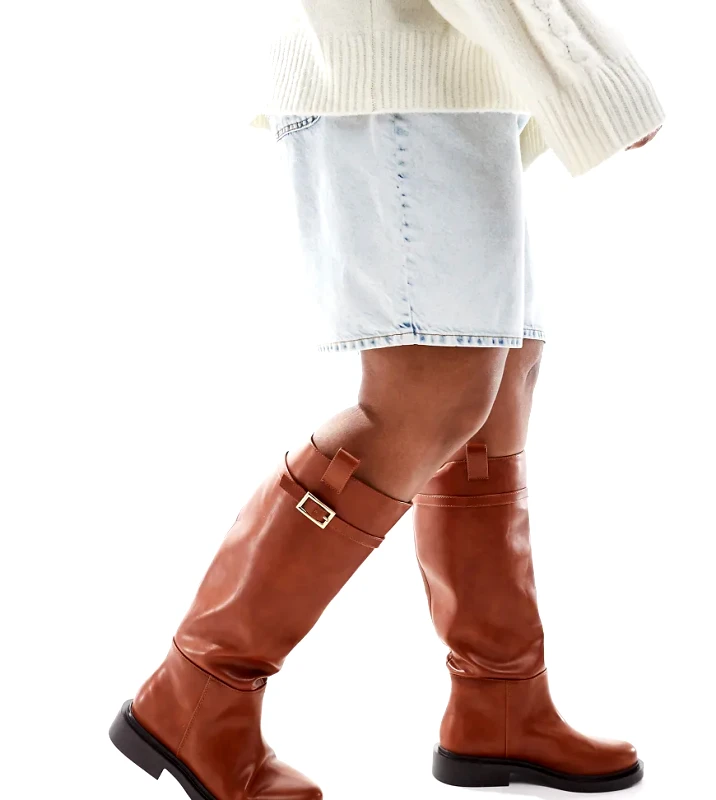 ASOS DESIGN ASOS DESIGN Curve Callie smart flat riding knee boots in tan-Brown