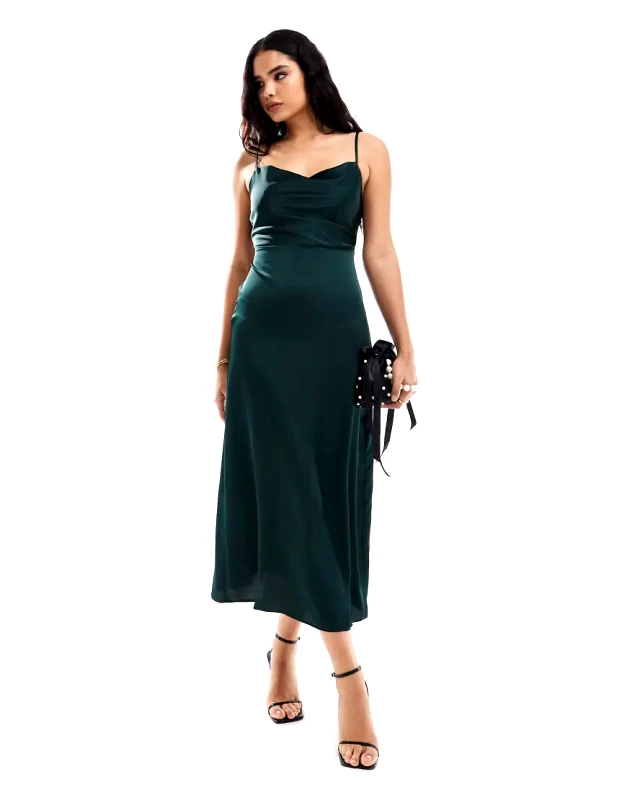 Vila Vila Bridesmaid satin cowl neck cami maxi dress in dark green
