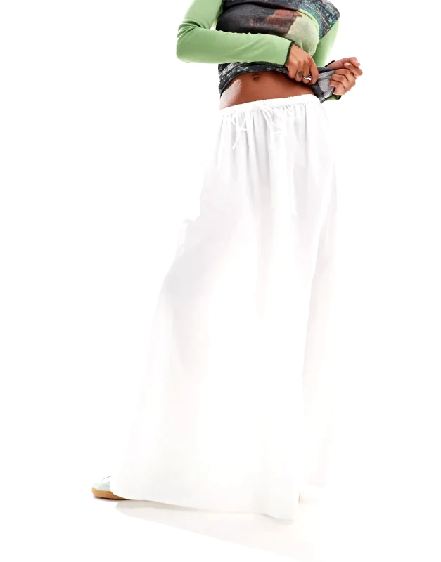 Monki Monki slim elastic waistband with drawstring maxi skirt in white