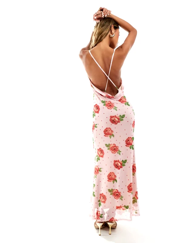 ASOS DESIGN ASOS DESIGN strappy cami maxi dress in pink polka dot rose print-Multi