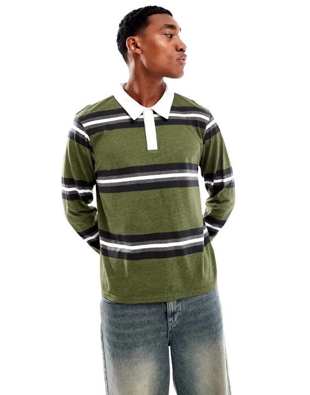 Another Influence Another Influence striped long sleeve polo shirt in khaki-Green