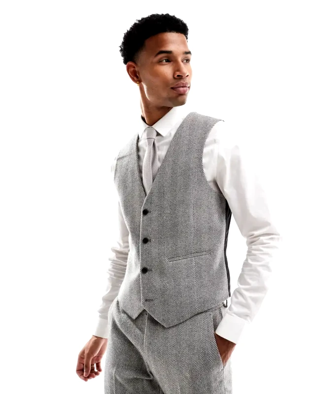 ASOS DESIGN ASOS DESIGN skinny wool blend suit waistcoat in grey herringbone