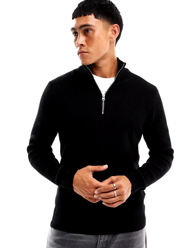 ONLY & SONS ONLY & SONS ribbed half zip jumper in black