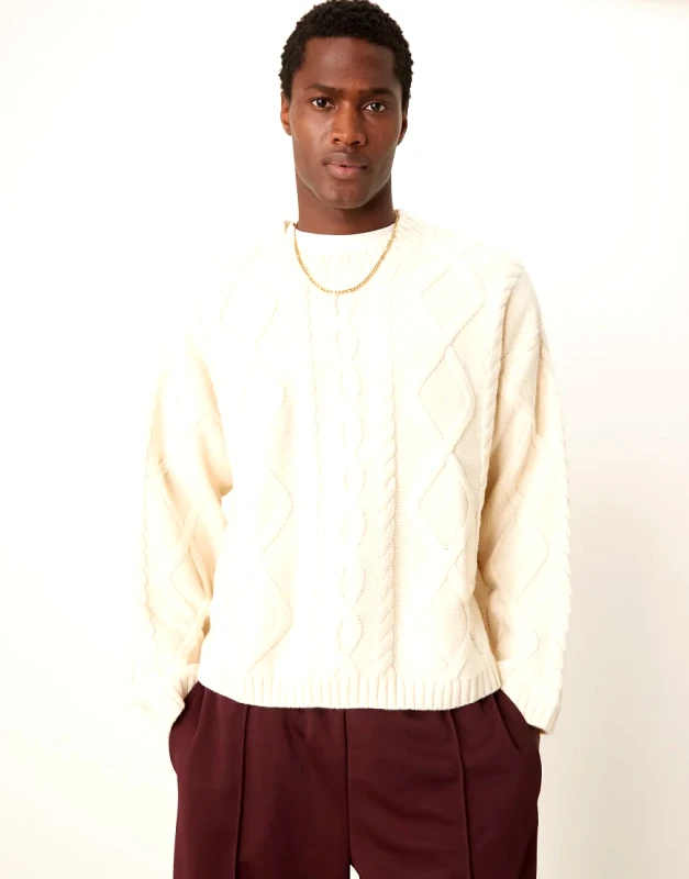 ASOS DESIGN ASOS DESIGN oversized heavyweight wool mix cable jumper with crew neck in oatmeal-White