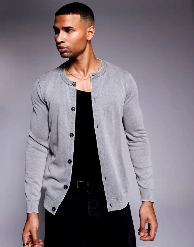ASOS DESIGN ASOS DESIGN knitted washed crew neck cardigan in grey
