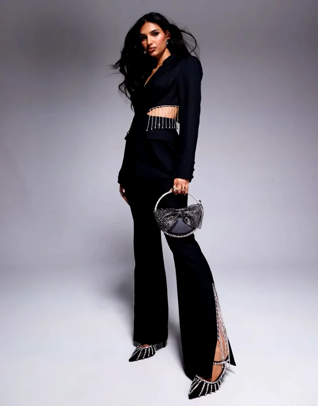 ASOS LUXE ASOS LUXE co-ord flared trouser with diamante fringing in black-White