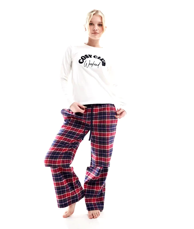 Threadbare Threabare Cosy Club long pyjamas set with red check bottoms