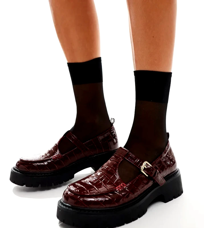 London Rebel Wide Fit London Rebel Tilly wide fit chunky mary jane in burgundy croc-Red