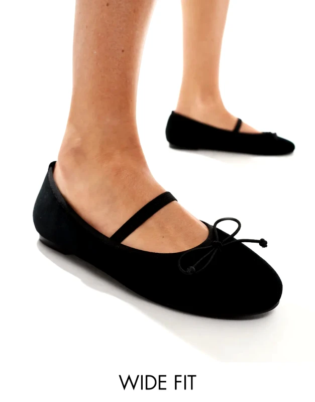 Public Desire Wide Fit Public Desire Wide Fit Alexa bow ballet flats with strap in black velvet