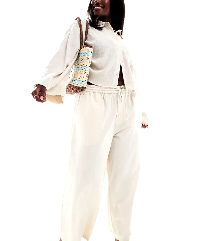 ASOS Curve ASOS DESIGN Curve wide leg trouser with linen in neutral