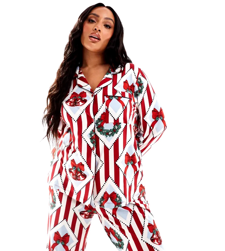 Chelsea Peers Chelsea Peers Curve poly Chsitmas vintage print long sleeve revere and trouser pyjama set in multi