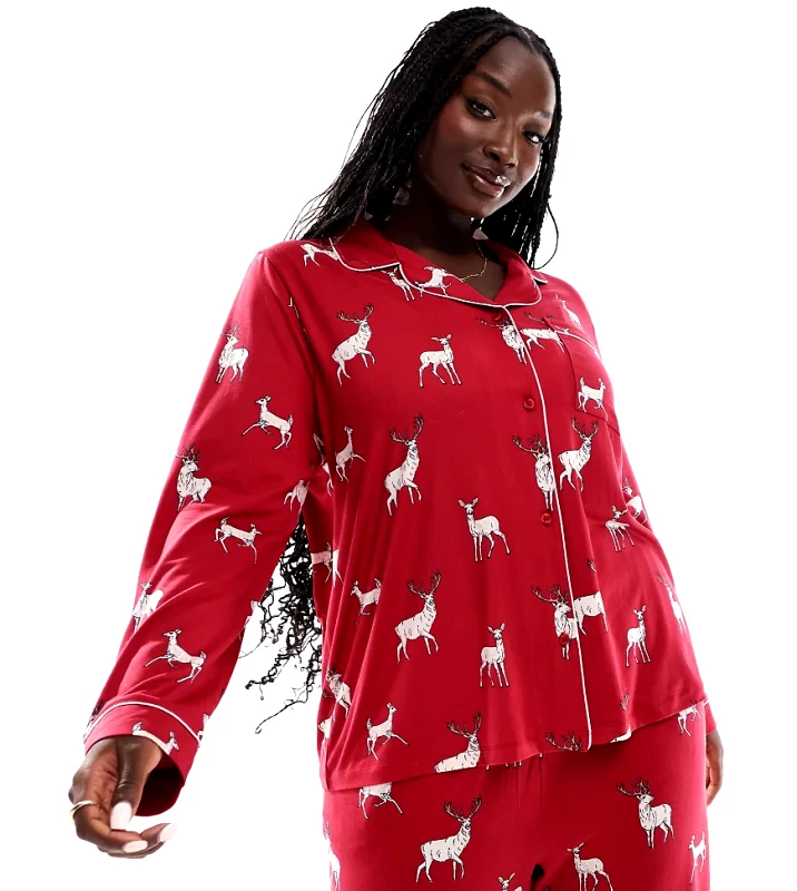 Chelsea Peers Chelsea Peers Exclusive Curve Christmas His & Hers long sleeve revere and trouser pyjama set in reindeer print-Red