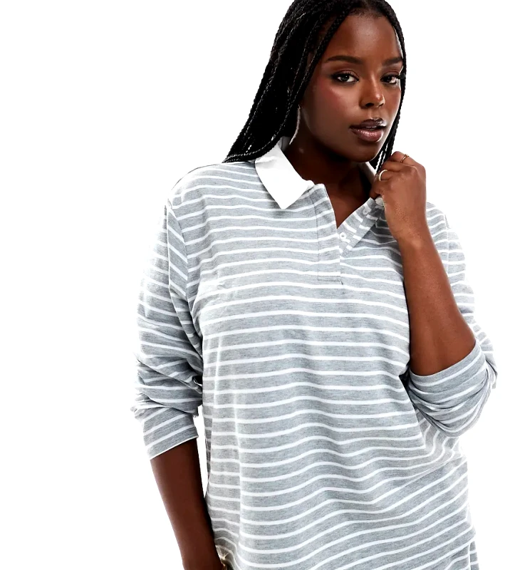 Vero Moda Curve Vero Moda Curve jersey polo top co-ord in grey stripe