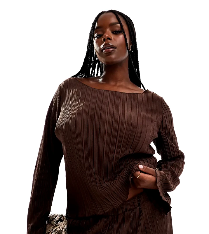 Vero Moda Curve Vero Moda Curve plisse wide sleeve top co-ord in chocolate brown