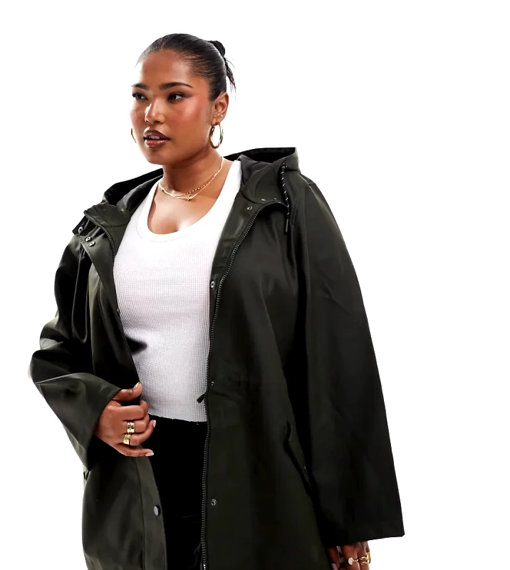 Vero Moda Curve Vero Moda Curve coated rain jacket with hood in deep khaki-Green