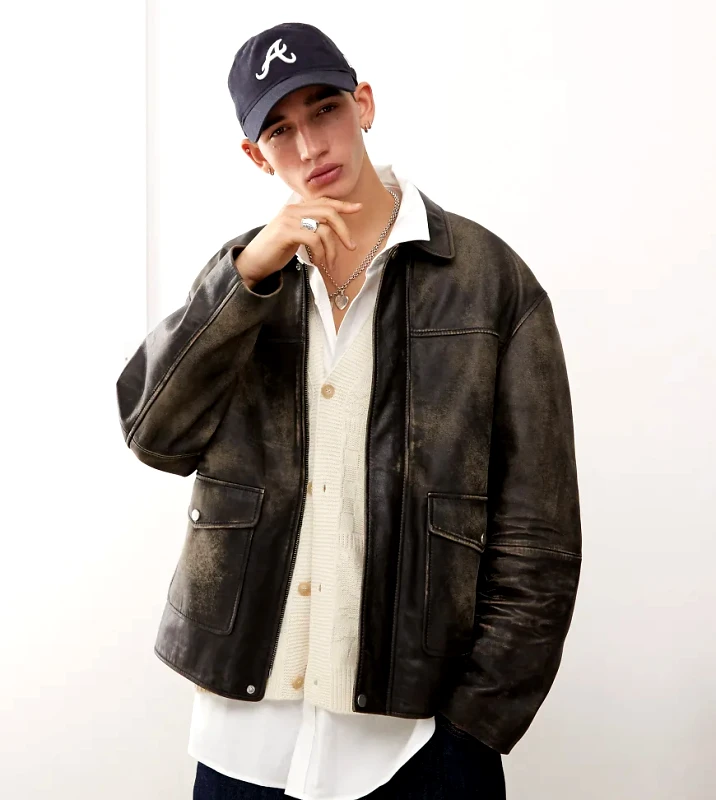 Reclaimed Vintage Reclaimed Vintage real leather washed trucker-Black