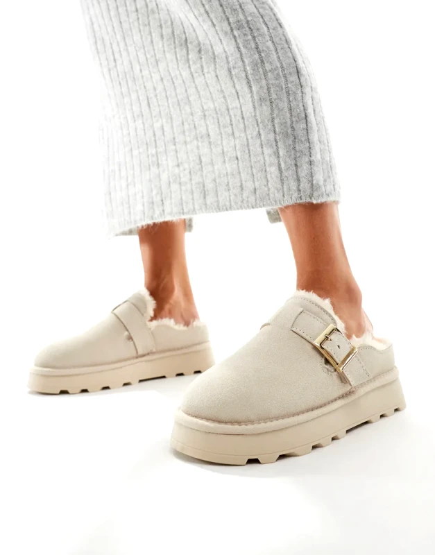 South Beach South Beach Reach Sheep Skin Buckle Mules in Cream-Brown