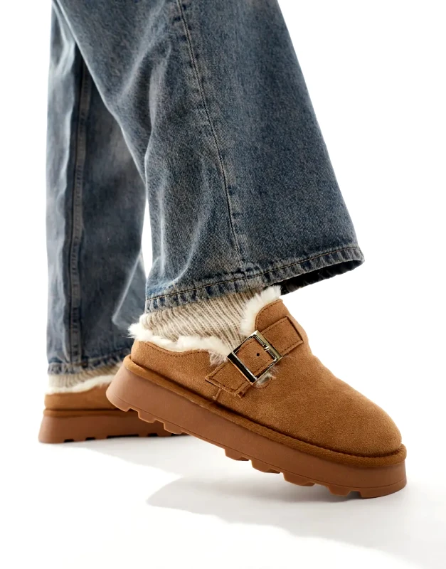 South Beach South Beach Reach Sheep Skin Buckle Mules in Chestnut-Brown