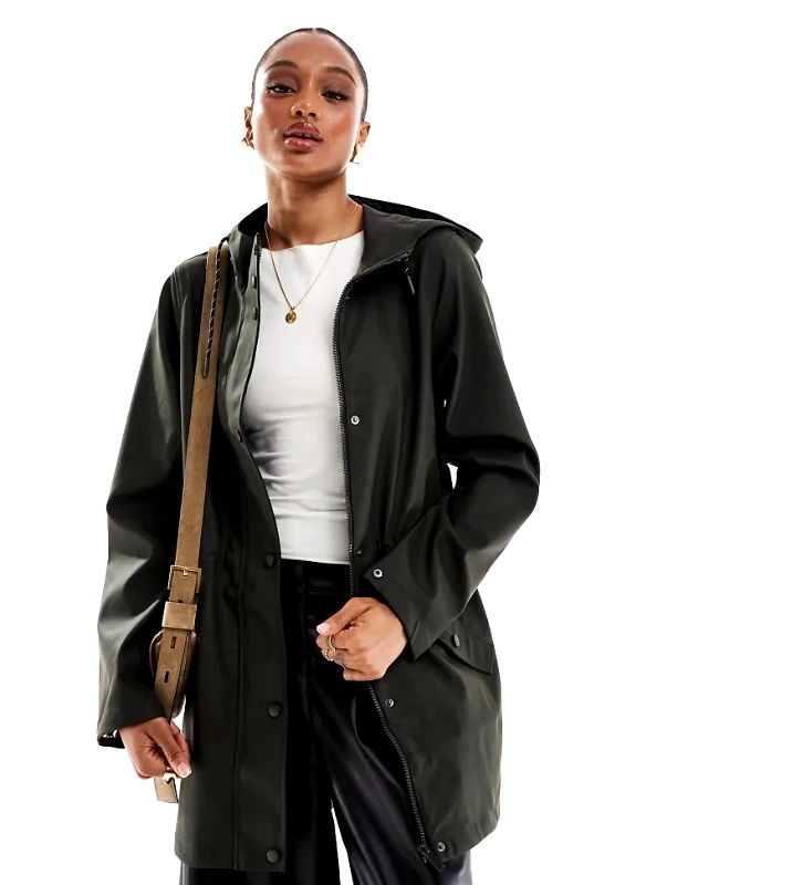 Vero Moda Tall Vero Moda Tall coated rain jacket with hood in deep khaki-Green