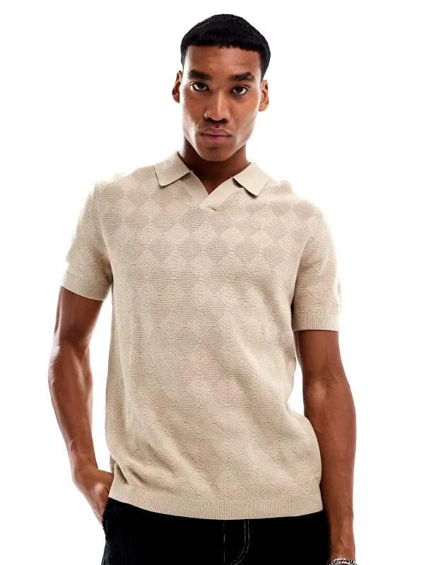 River Island River Island diamond knit polo in stone-Neutral