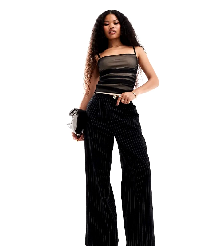 Miss Selfridge Petite Miss Selfridge Petite tailored straight leg trouser in mono pinstripe-Black
