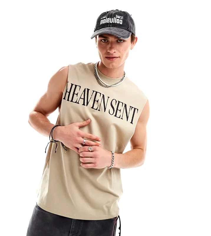 Collusion COLLUSION oversized Heaven Sent printed tank in stone-Neutral