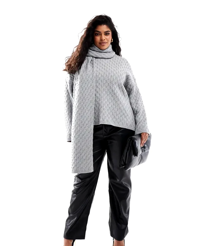 4th & Reckless Plus 4th & Reckless Plus cable knit jumper with scarf in grey