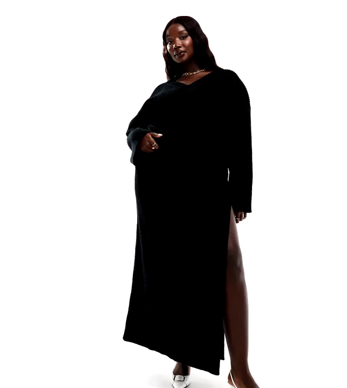 4th & Reckless Plus 4th & Reckless Plus ribbed knit thigh split maxi skirt co-ord in black