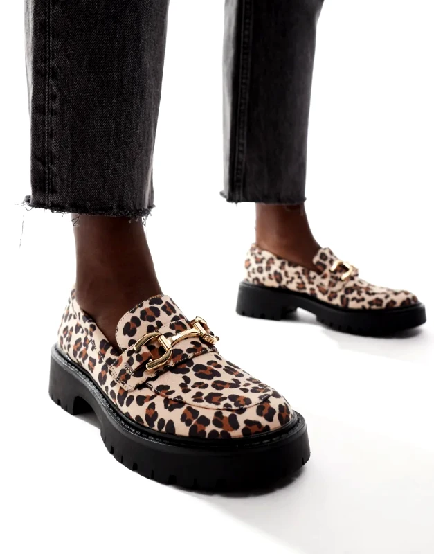 London Rebel London Rebel Perdy metal trim chunky loafers in leopard-Multi