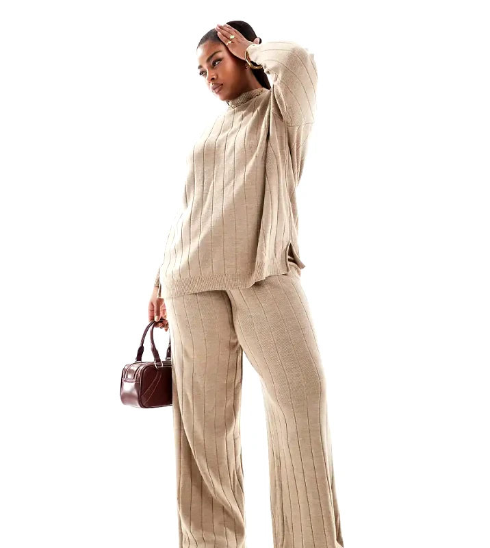 Only Curve ONLY Curve tie waist knitted trousers co-ord in sand-Neutral