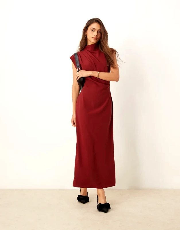 ASOS DESIGN ASOS DESIGN high neck sleeveless midi dress with draped neck in burgundy-Red