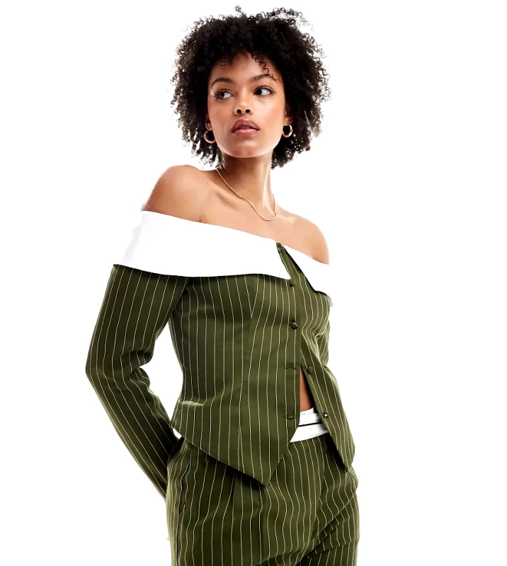 Extro & Vert Tall Extro & Vert Tall corset bandeau blazer top in khaki stripe co-ord-Green