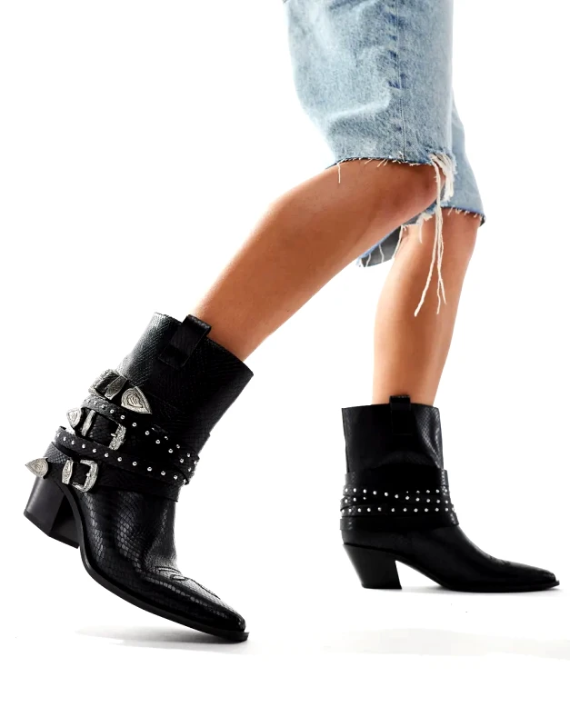 ALDO ALDO Emberlynx studded buckle western boots in black leather croc