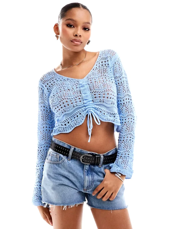 Pieces Pieces crochet ruched front top in blue