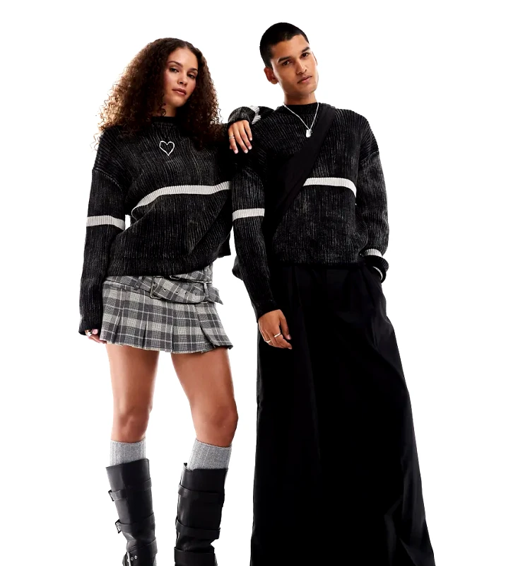 Reclaimed Vintage Reclaimed Vintage unisex knitted jumper in black acid wash with stripe detail