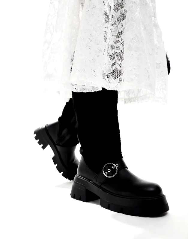 Public Desire Public Desire Switch Up fluffy fur knee boots with buckles in black