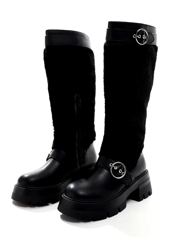 Public Desire Public Desire Switch Up fluffy fur knee boots with buckles in black