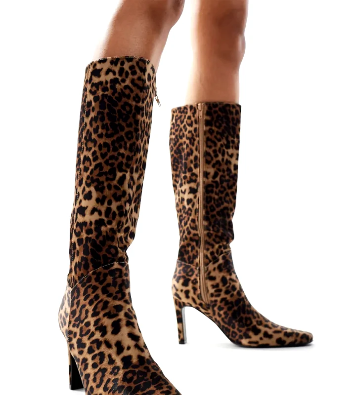 Public Desire Wide Fit Public Desire Pose Wide Fit heeled knee boots in leopard-Multi