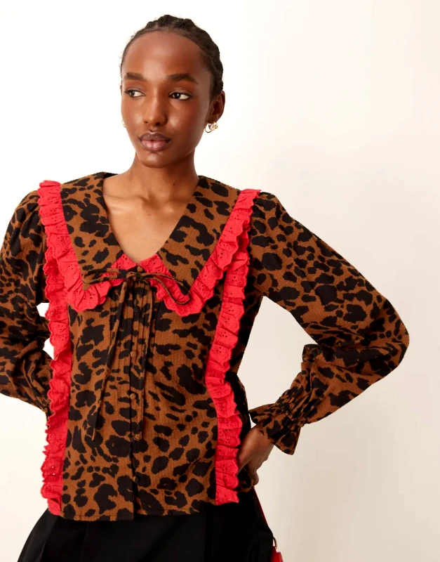 Neon Rose Neon Rose tie front blouse with ruffle collar in leopard print-Brown