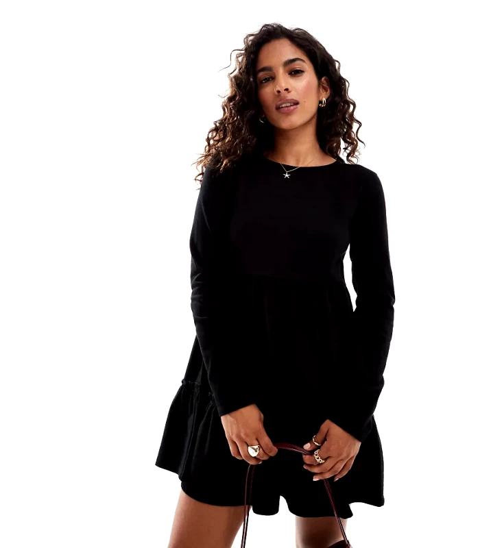 Miss Selfridge Petite Miss Selfridge Petite long sleeve washed smock mini dress in black